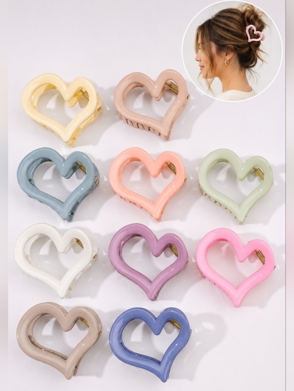 10 Pieces Heart-Shaped Hair Claw Clip Set — Pastel Multi-Color Coquette